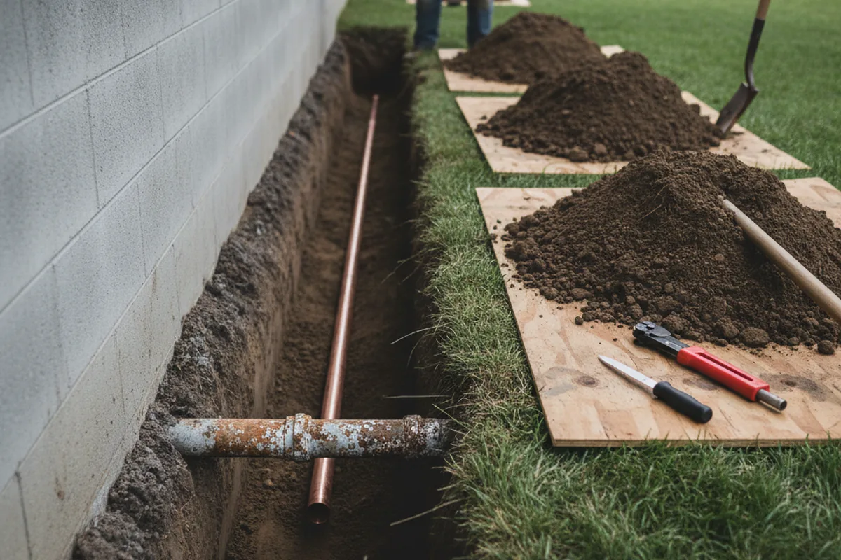 Excavated water line trench during Water Softener Installation in Bella Vista